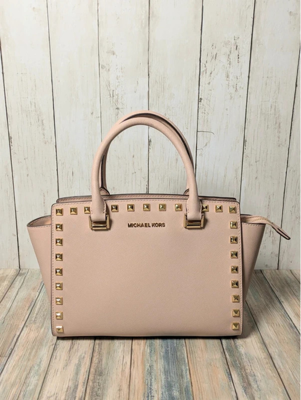 Michael Kors Selma Medium Studded Satchel Ballet Pink Saffiano Leather
